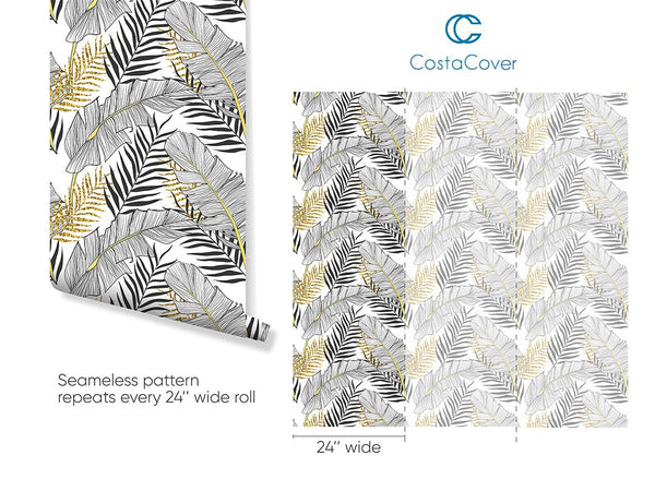 Black Gold Palm Leaves Wallpaper CC234 - CostaCover - Peel and stick Removable Wallpaper - accent wallpaper - adhesive wallpaper - banana leaves
