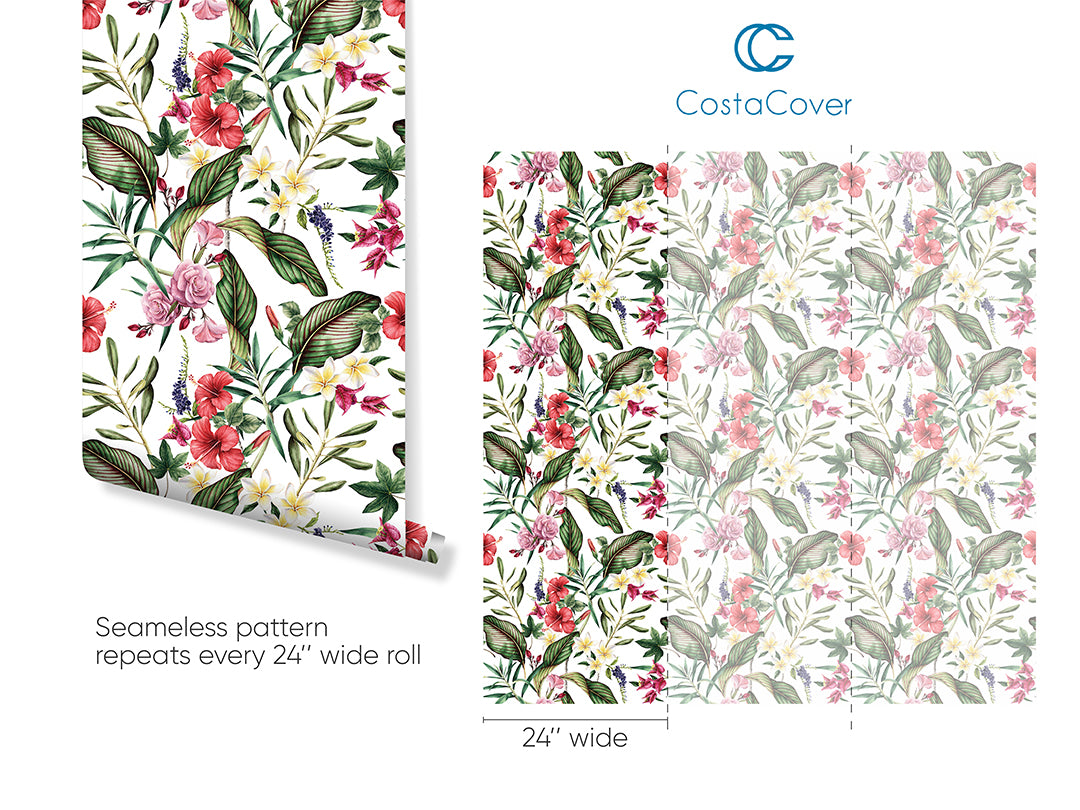 Hibiscus Roses & Greenery Wallpaper CC002