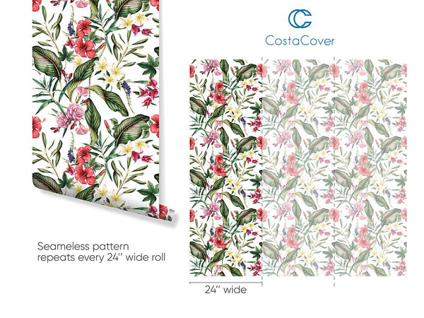 Hibiscus Roses & Greenery Wallpaper CC002 - CostaCover - Peel and stick Removable Wallpaper - bathroom wallpaper - bedroom interior - Exotic palm leaves