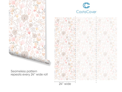 Pink Flowers and Leaves Boho Pastel Floral Botanical Wallpaper CC271