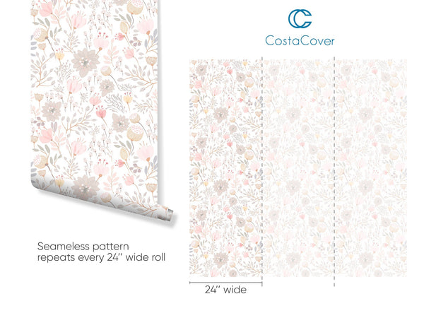 Pastel Pink Flowers Wallpaper CC271 - CostaCover - Peel and stick Removable Wallpaper - accent wallpaper - Best Peel And Stick Removeable Wallpaper - best peel and stick wallpaper