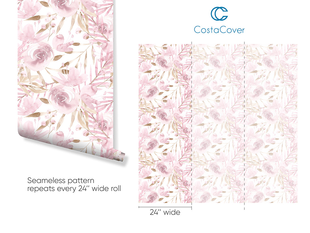 Blush Pink Flowers and Leaves Boho Pastel Floral Wallpaper CC269