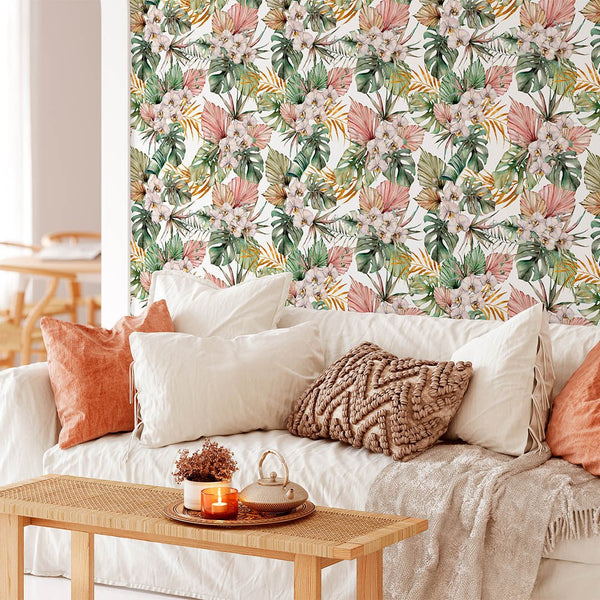 Tropical Pink Orchids Wallpaper CC054 - CostaCover - Peel and stick Removable Wallpaper - accent wallpaper - adhesive wallpaper - bathroom wallpaper