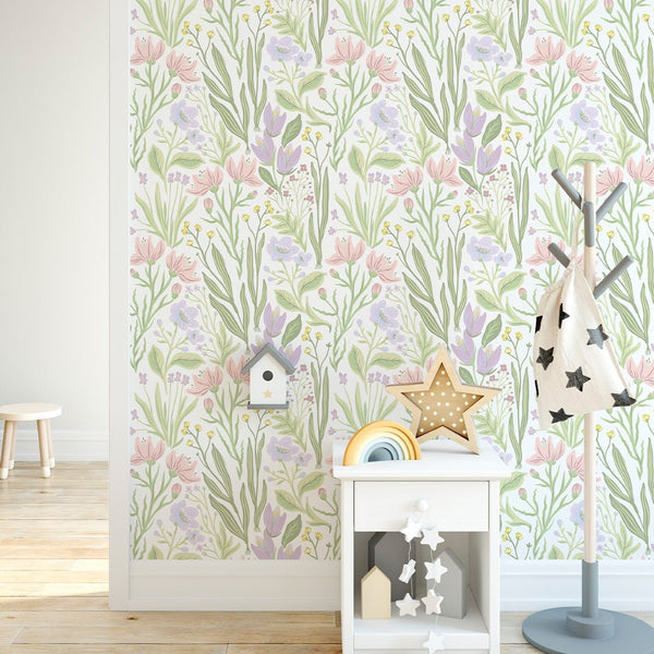 Pastel Flowers Wallpaper CC245 - CostaCover - Peel and stick Removable Wallpaper - 3d wall murals - accent wallpaper - adhesive wallpaper