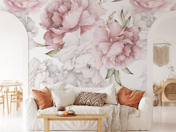 Pastel Pink & White Peony Wall Mural CCM109 - CostaCover - Peel and stick Removable Wallpaper - accent wallpaper - adhesive wallpaper - bathroom wallpaper