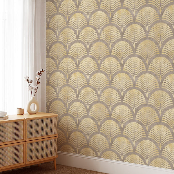 Beige Brown Scallops Wallpaper CC179 - CostaCover - Peel and stick Removable Wallpaper - Abstract Beige Gold Stripes Waves Removable Wallpaper - accent wallpaper - art deco