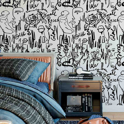 Black and White Abstract Female Line Art Self Adhesive Wallpaper CC255