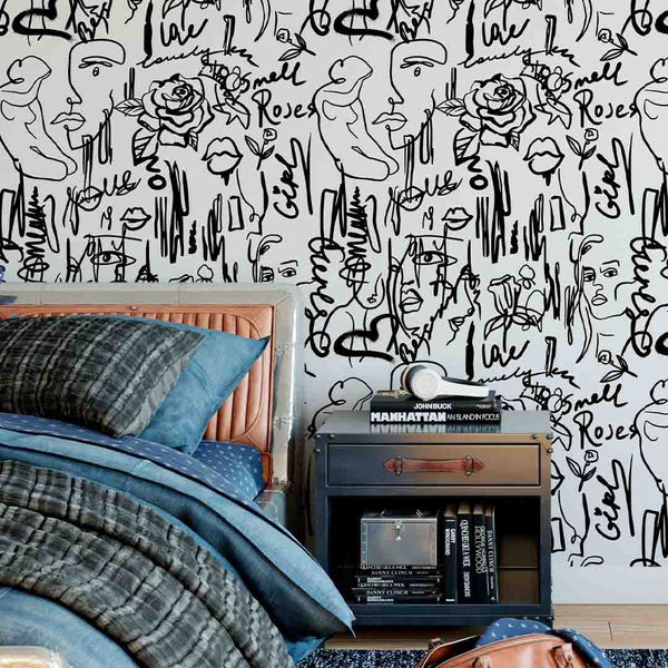 Black & White Female Line Wallpaper CC255 - CostaCover - Peel and stick Removable Wallpaper - Abstract - abstract lines - abstract wall art