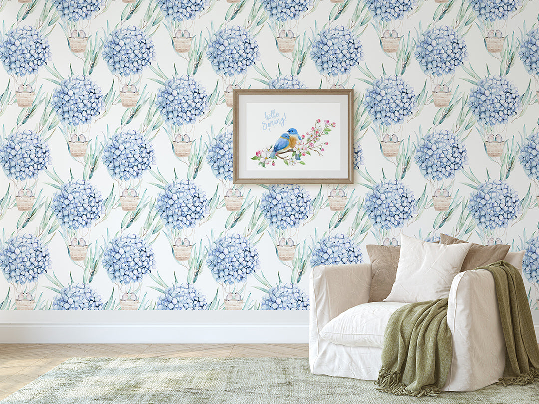 Self Adhesive Blue Hydrangea Birds Watercolor Removable Wallpaper CC238
