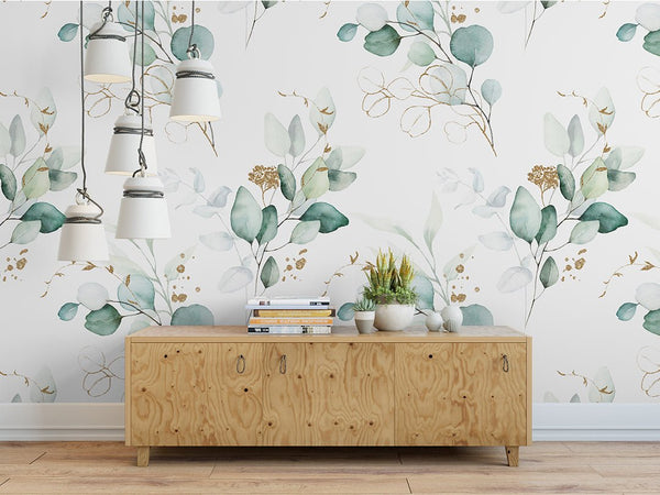 Green Eucalyptus Watercolor Wallpaper CC242 - CostaCover - Peel and stick Removable Wallpaper - 3d wall murals - accent wallpaper - adhesive wallpaper design