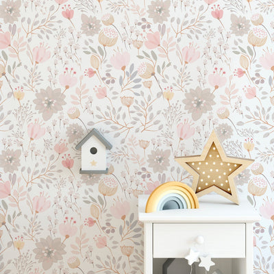 Pink Flowers and Leaves Boho Pastel Floral Botanical Wallpaper CC271