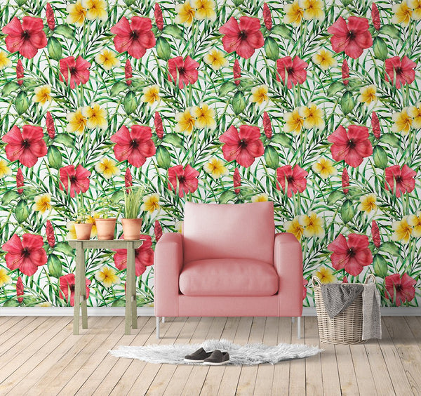 Tropical Colorful Flowers Wallpaper CC038 - CostaCover - Peel and stick Removable Wallpaper - accent wallpaper - adhesive wallpaper - bathroom wallpaper