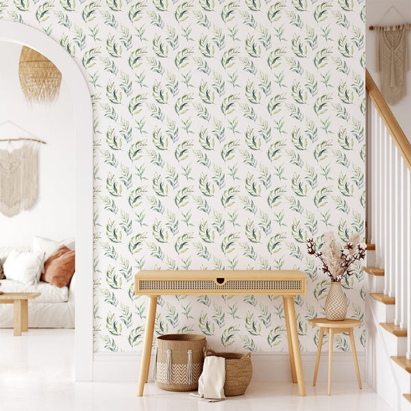 Green Eucalyptus Leaves Wallpaper CC049 - CostaCover - Peel and stick Removable Wallpaper - accent wallpaper - Best Peel And Stick Removeable Wallpaper - best peel and stick wallpaper