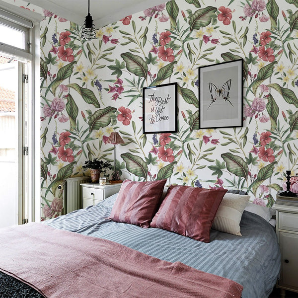 Hibiscus Roses & Greenery Wallpaper CC002 - CostaCover - Peel and stick Removable Wallpaper - bathroom wallpaper - bedroom interior - Exotic palm leaves