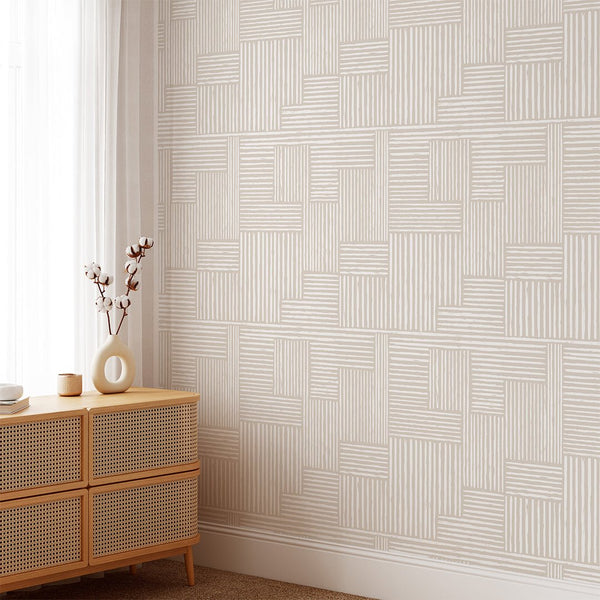 Beige Boho Lines Wallpaper CC188 - CostaCover - Peel and stick Removable Wallpaper - Abstract Beige Gold Stripes Waves Removable Wallpaper near me - accent wallpaper - beige wallpaper