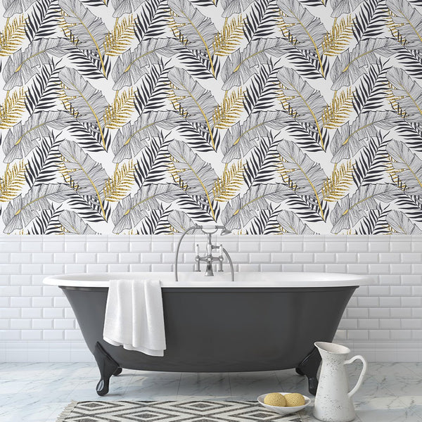 Black Gold Palm Leaves Wallpaper CC234 - CostaCover - Peel and stick Removable Wallpaper - accent wallpaper - adhesive wallpaper - banana leaves