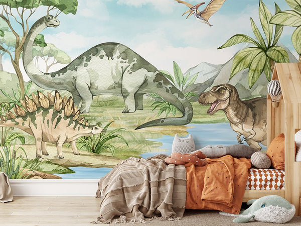 Dinosaurs & River Wall Mural CCM095 - CostaCover - Peel and stick Removable Wallpaper - accent wallpaper - adhesive wallpaper - children wallpaper