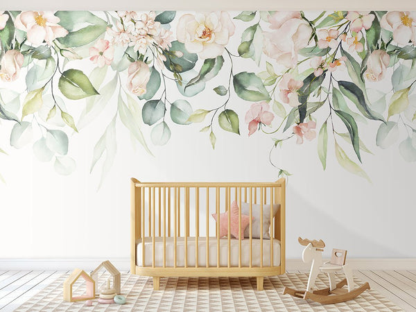 Pink Rose & Eucalyptus Wall Mural CCM102 - CostaCover - Peel and stick Removable Wallpaper - abstract wallpaper - accent wallpaper - adhesive wallpaper