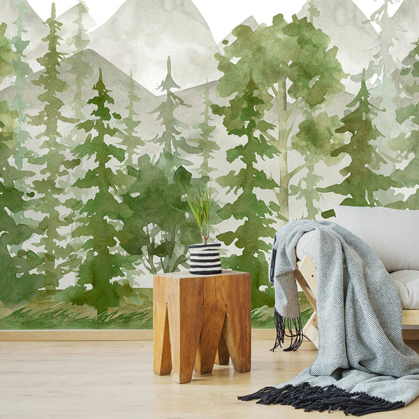 Watercolor Green Forest Wall Mural CCM106 - CostaCover - Peel and stick Removable Wallpaper - accent wallpaper - adhesive wallpaper - bathroom wallpaper
