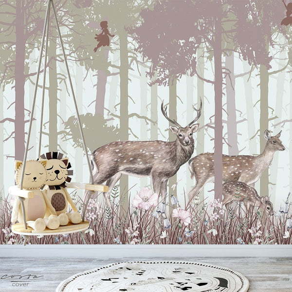 Fairy Forest with Animals Wall Mural CCM018 - CostaCover - Peel and stick Removable Wallpaper - accent wallpaper - baby bedroom - bedroom interior