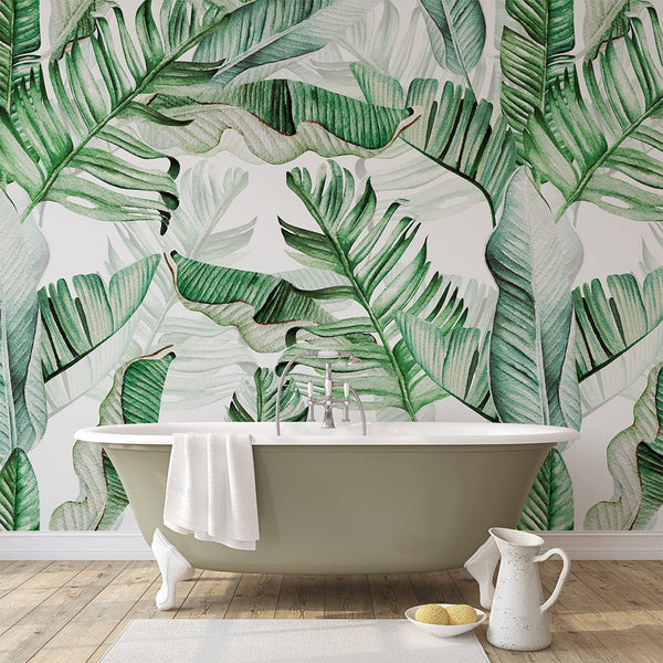 Watercolor Tropical Leaves Wall Mural CCM049 - CostaCover - Peel and stick Removable Wallpaper - accent wallpaper - adhesive wallpaper - banana leaves
