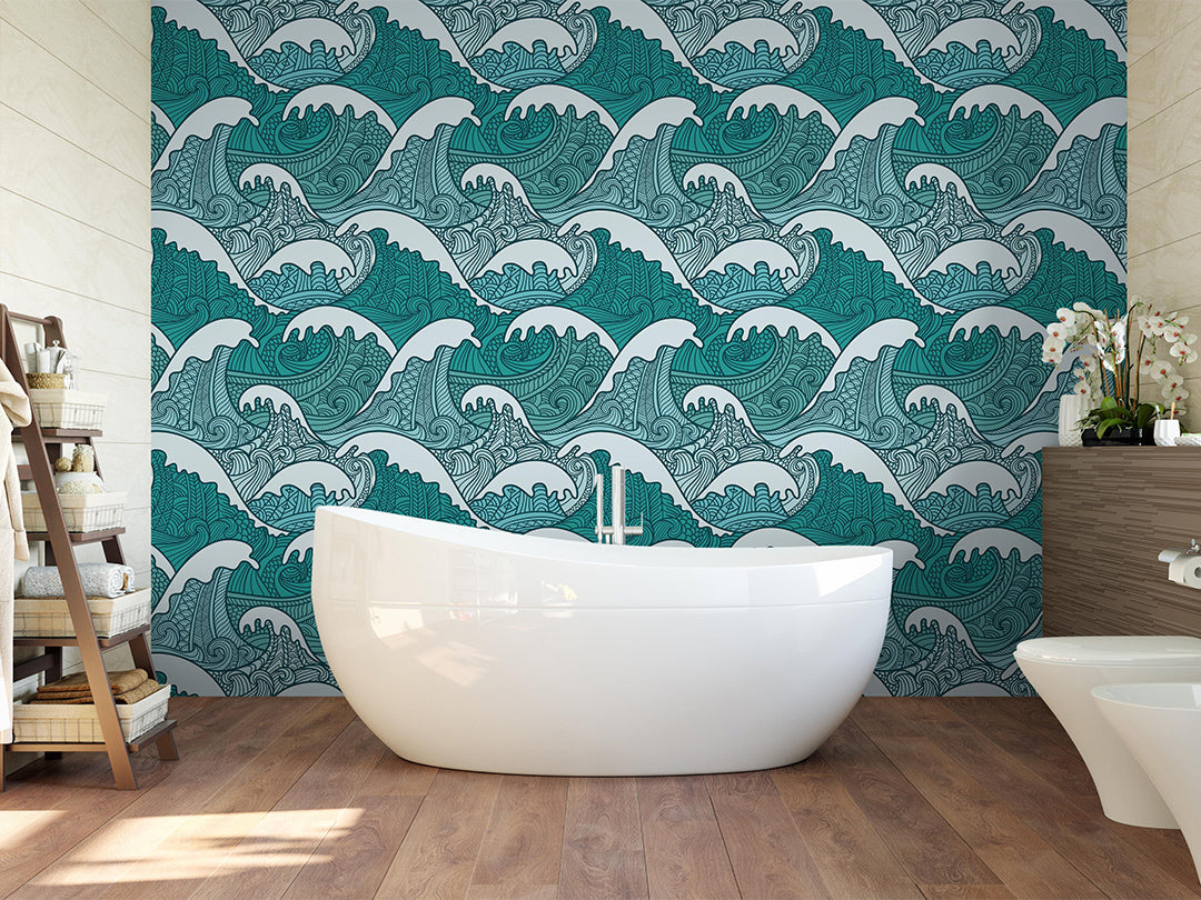 Self Adhesive Japanese Blue Green Waves Removable Wallpaper CC096
