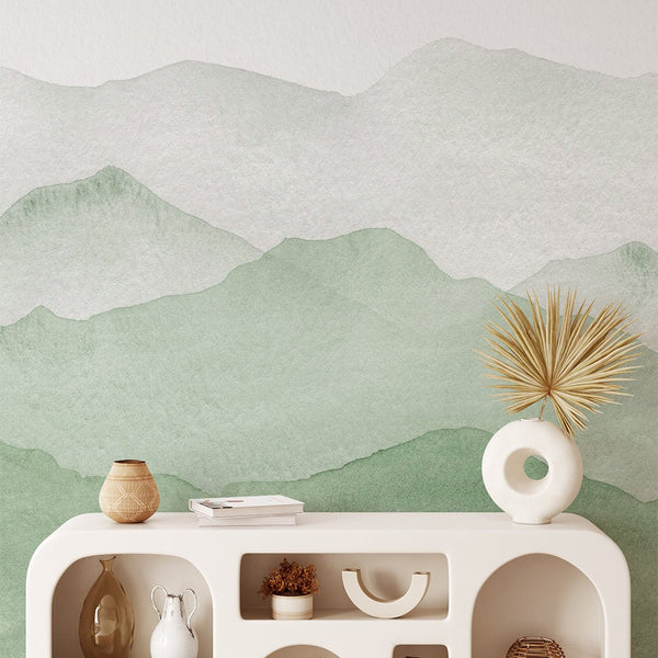 Green Watercolor Mountains Wall Mural CCM064 - CostaCover - Peel and stick Removable Wallpaper - Abstract - abstract wall art - abstract wallpaper
