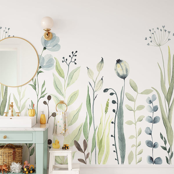 Green & Blue Wildflowers Wall Mural CCM085 - CostaCover - Peel and stick Removable Wallpaper - accent wallpaper - adhesive wallpaper - bedroom wallpaper