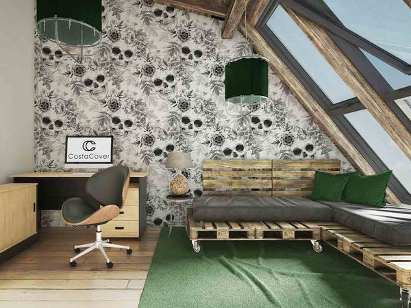 Black & White Skulls Flowers Wallpaper CC256 - CostaCover - Peel and stick Removable Wallpaper - abstract wall art - accent wallpaper - adhesive wallpaper