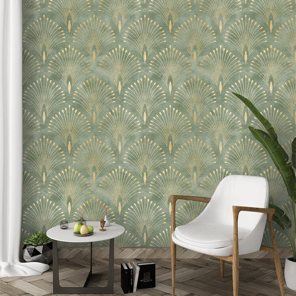 Green Gold Art Deco Wallpaper CC176 - CostaCover - Peel and stick Removable Wallpaper - accent wallpaper - art deco - art deco design