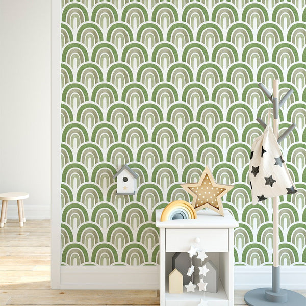 Boho Green Waves Wallpaper CC262 - CostaCover - Peel and stick Removable Wallpaper - accent wallpaper - adhesive wallpaper - children wallpaper