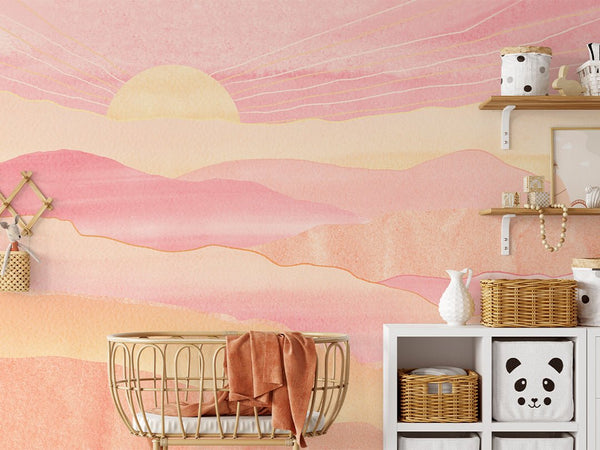 Pink Orange Mountains & Sunset Wall Mural CCM115 - CostaCover - Peel and stick Removable Wallpaper - Abstract - abstract wall art - abstract wallpaper