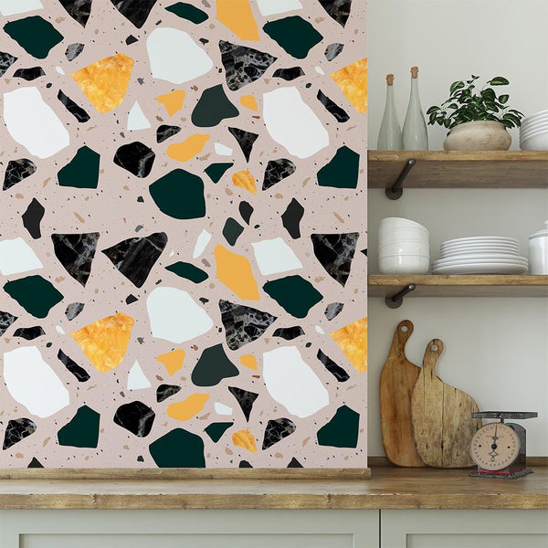Orange & Black Terrazzo Wallpaper CC268 - CostaCover - Peel and stick Removable Wallpaper - 3d wall murals - 70's style - Abstract