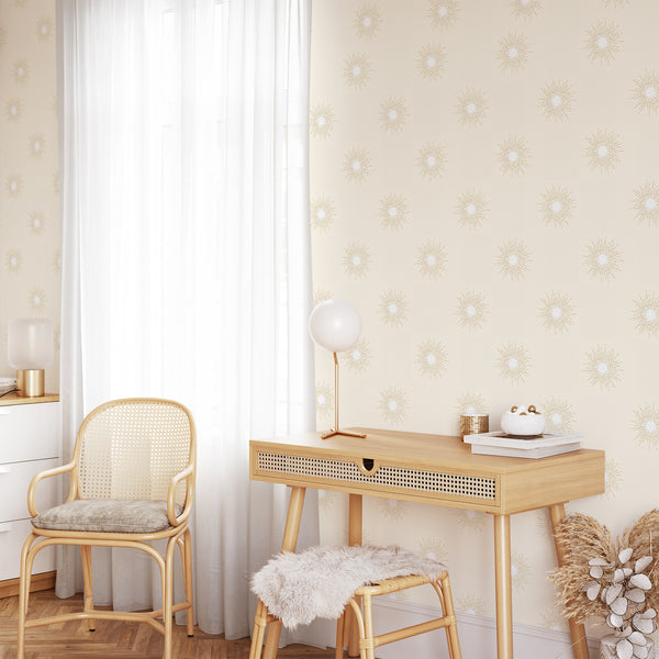 Beige Boho Sun Wallpaper CC273 - CostaCover - Peel and stick Removable Wallpaper - Abstract Beige Gold Stripes Waves Removable Wallpaper - Abstract Beige Gold Stripes Waves Removable Wallpaper near me - Abstract Beige Gold Stripes Waves Removable Wallpaper price