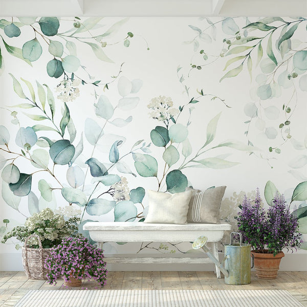 Green Eucalyptus Branches Wall Mural CCM110 - CostaCover - Peel and stick Removable Wallpaper - accent wallpaper - adhesive wallpaper - bathroom wallpaper
