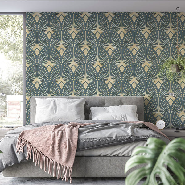Green Blue Art Deco Wallpaper CC177 - CostaCover - Peel and stick Removable Wallpaper - accent wallpaper - art deco - art deco decor
