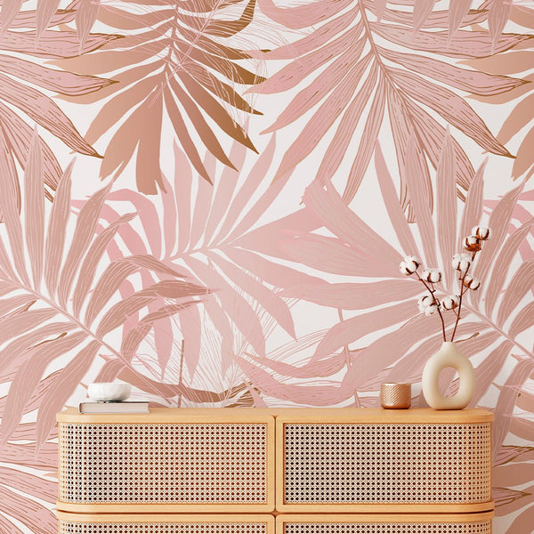 Pink Tropical Leaves Wall Mural CCM119 - CostaCover - Peel and stick Removable Wallpaper - accent wallpaper - adhesive wallpaper - bathroom wallpaper