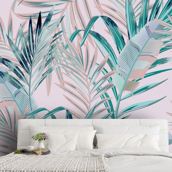Tropical Pink Green Wall Mural CCM012 - CostaCover - Peel and stick Removable Wallpaper - accent wallpaper - adhesive wallpaper - banana leaves