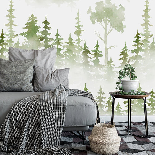 Close-up of layered evergreen tree silhouettes in watercolor style, showcasing mid to light green tones against a clean off-white background. This temporary wallpaper is perfect for a home office accent wall or hallway, offering a serene woodland ambiance with easy application and repositioning benefits.