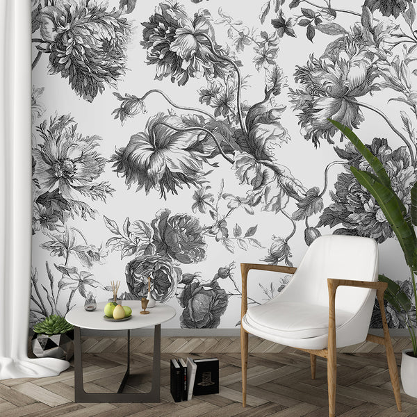 Black & White Flowers Wall Mural CCM052 - CostaCover - Peel and stick Removable Wallpaper - 3d wall murals - abstract wall art - accent wallpaper