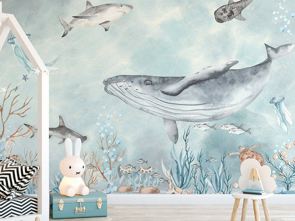 Watercolor Sea World Ocean Fish Wall Mural CCM050 - CostaCover - Peel and stick Removable Wallpaper - 3d wall murals - accent wallpaper - adhesive wallpaper design
