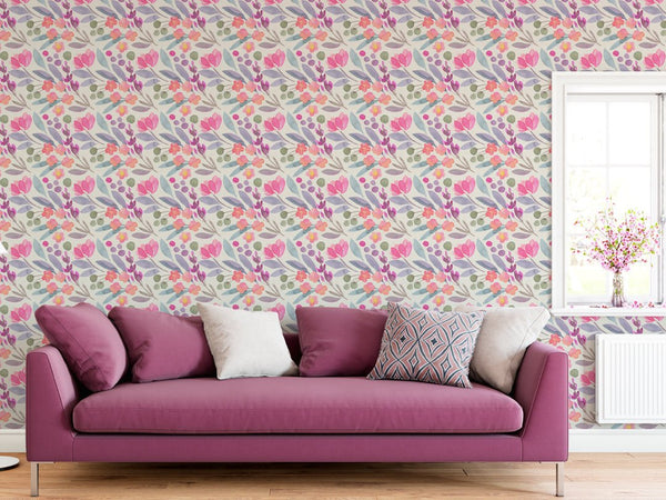 Pink Purple Flowers Wallpaper CC226 - CostaCover - Peel and stick Removable Wallpaper - accent wallpaper - adhesive wallpaper - bathroom wallpaper