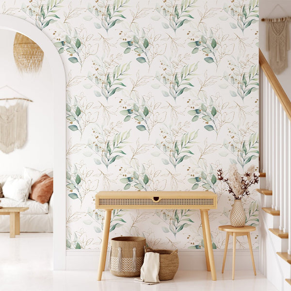 Green Eucalyptus Leaves Wallpaper CC228 - CostaCover - Peel and stick Removable Wallpaper - accent wallpaper - adhesive wallpaper - bathroom wallpaper