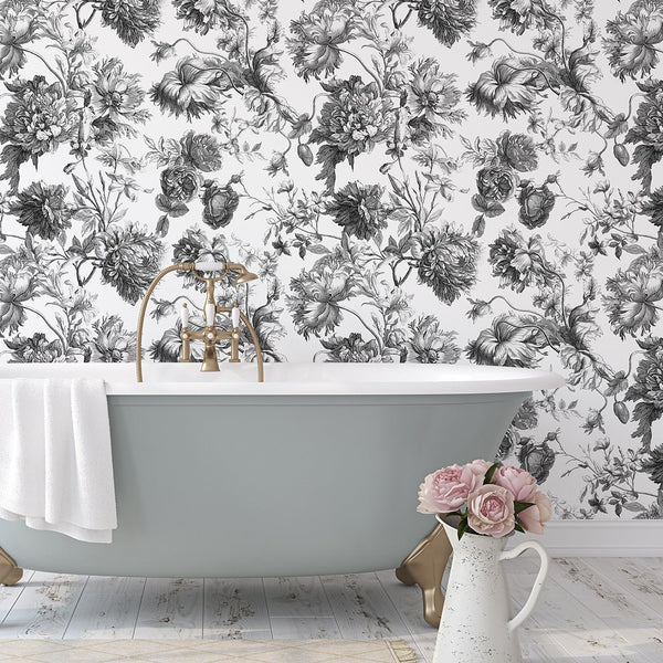 Black & White Flowers Wallpaper CC249 - CostaCover - Peel and stick Removable Wallpaper - 3d wall painting - accent wallpaper - adhesive wallpaper design