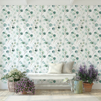 Self Adhesive Green Watercolor Eucalyptus Leaves Removable Wallpaper CC216