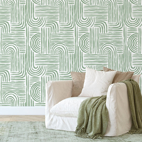 Green Lines Boho Wallpaper CC278 - CostaCover - Peel and stick Removable Wallpaper - abstract lines - accent wallpaper - bathroom wallpaper