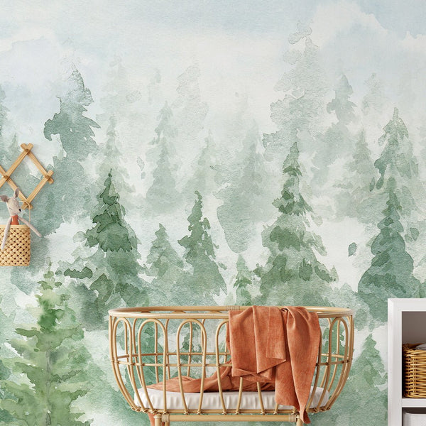 Green Watercolor Forest Wall Mural CCM111 - CostaCover - Peel and stick Removable Wallpaper - accent wallpaper - adhesive wallpaper - bedroom wallpaper