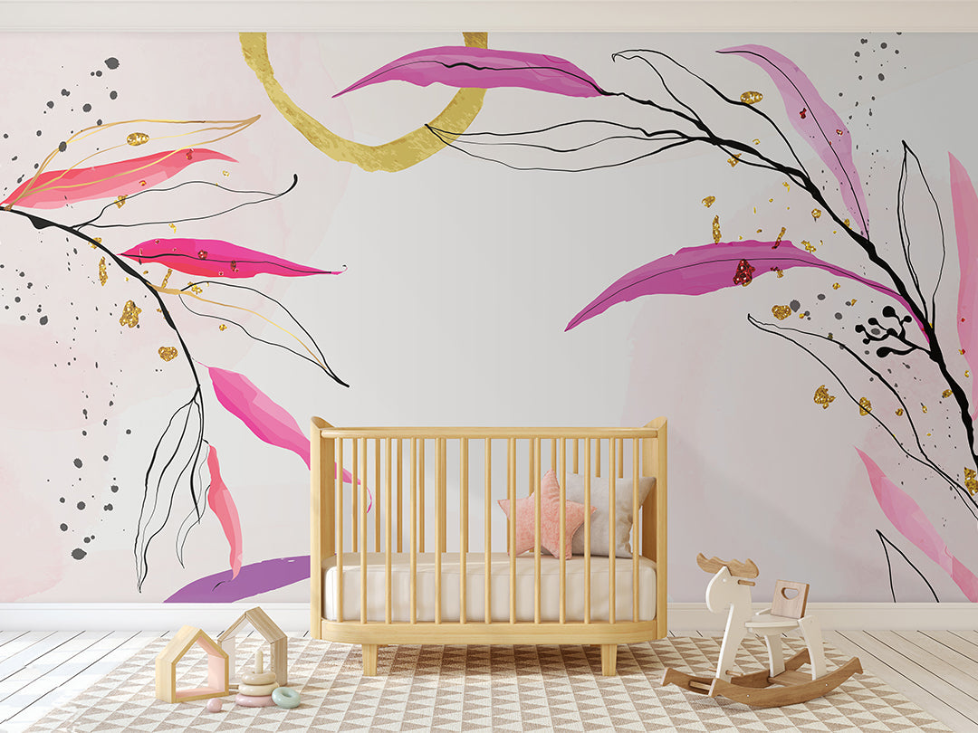 Pink Line Art Branches Wall Mural CCM100