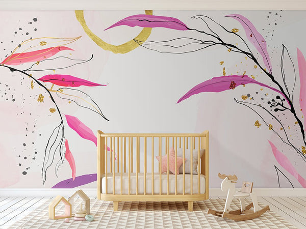 Pink Line Art Branches Wall Mural CCM100 - CostaCover - Peel and stick Removable Wallpaper - abstract lines - abstract wallpaper - accent wallpaper