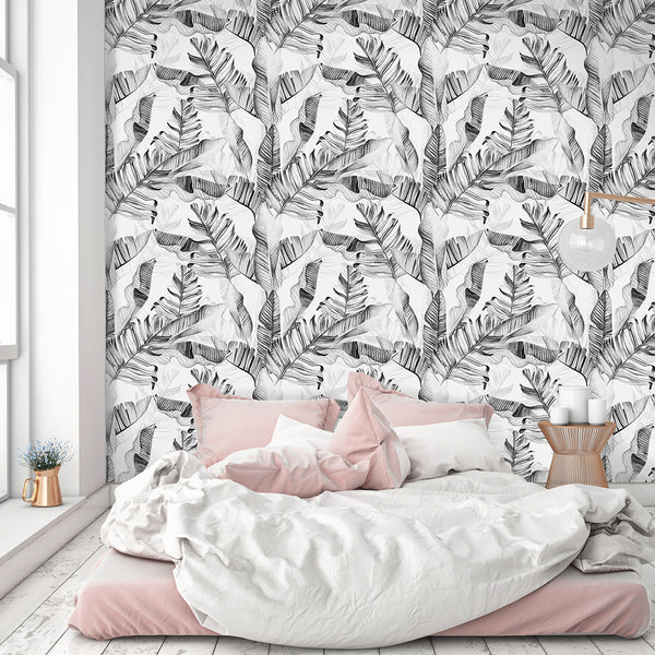 Black & White Palm Leaves Wallpaper CC253 - CostaCover - Peel and stick Removable Wallpaper - accent wallpaper - adhesive wallpaper - banana leaves